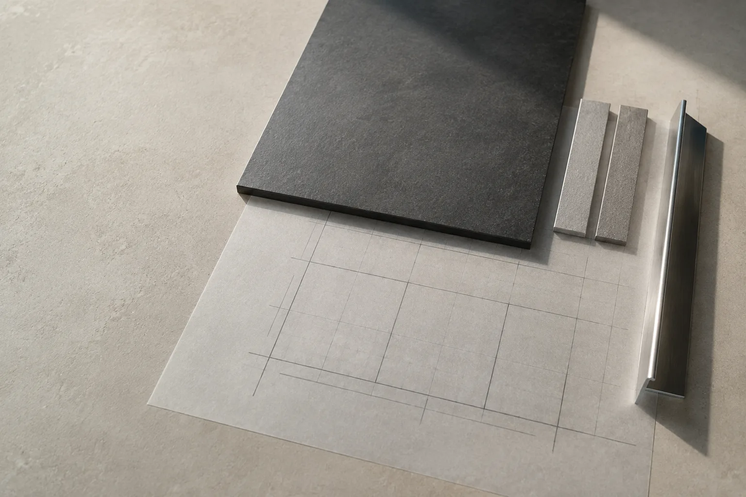 Graphitfarbene Keramikprobe auf einem unbeschrifteten Verlegeraster mit Fugenmustern und Metallwinkel.